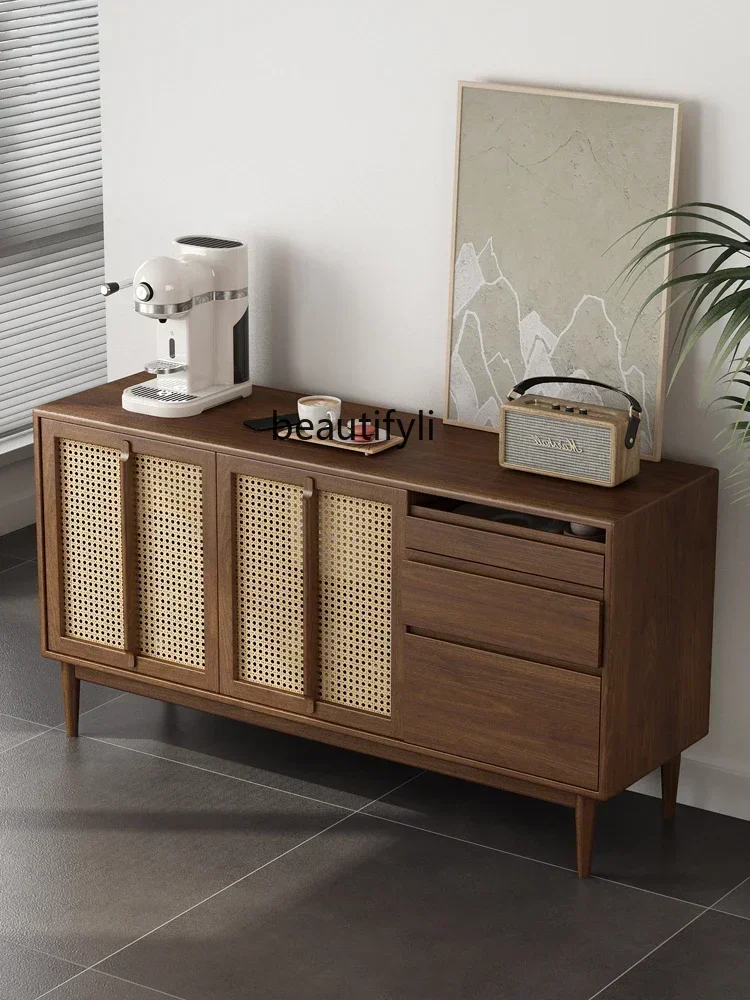 

cqyLight Luxury Walnut Color Solid Wood Sideboard Living Room Dining Room Tea Cabinet Wall Rattan Curio Cabinet