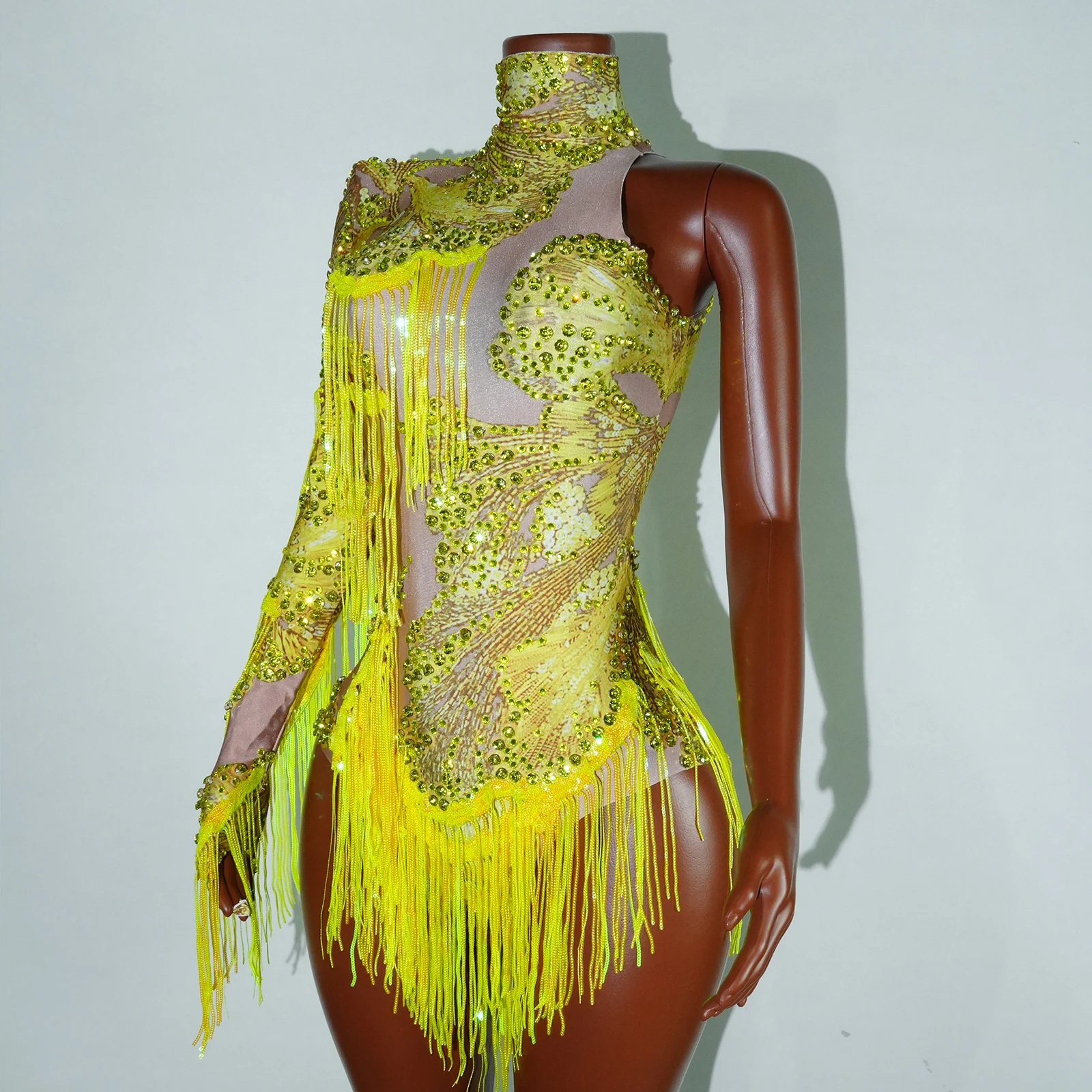 Body de diosa amarilla para mujer, cuello alto, manga única, diamantes de imitación, lentejuelas, Drag Queen, Cabaret, disfraz de escenario actuación en club nocturno