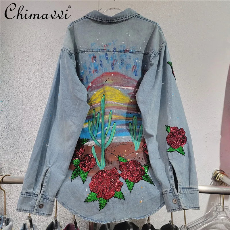 European Station 2024 Autumn Clothes New Fashion Graffiti Denim Shirt Blouse Women's Loose Streetwear Sequin Shirts Denim Coat