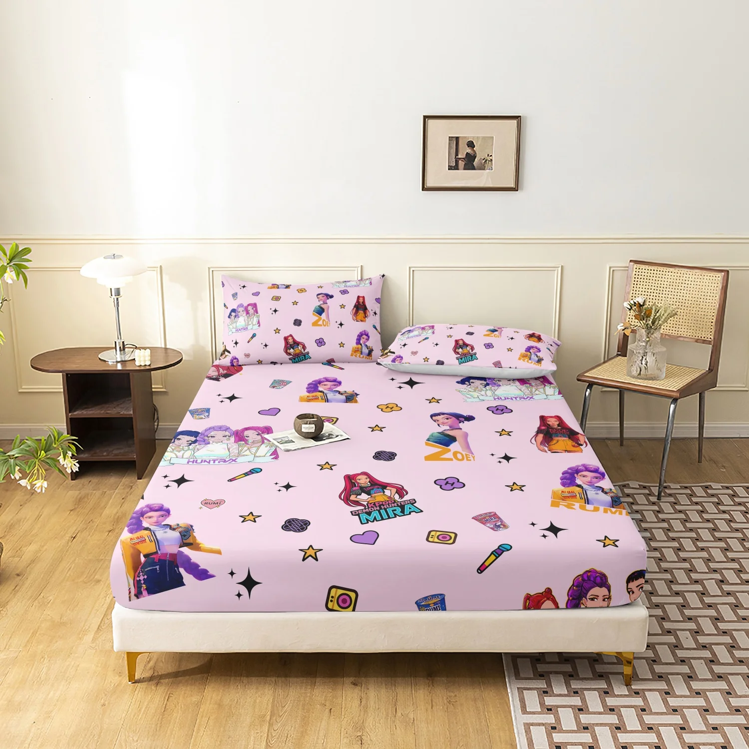 مجموعة ملاءات مكونة من 3 قطع من K-Pop Demon Hunters، ورقة واحدة مجهزة و2 كيس وسادة، نسيج ناعم مسامي، شخصيات كرتونية،