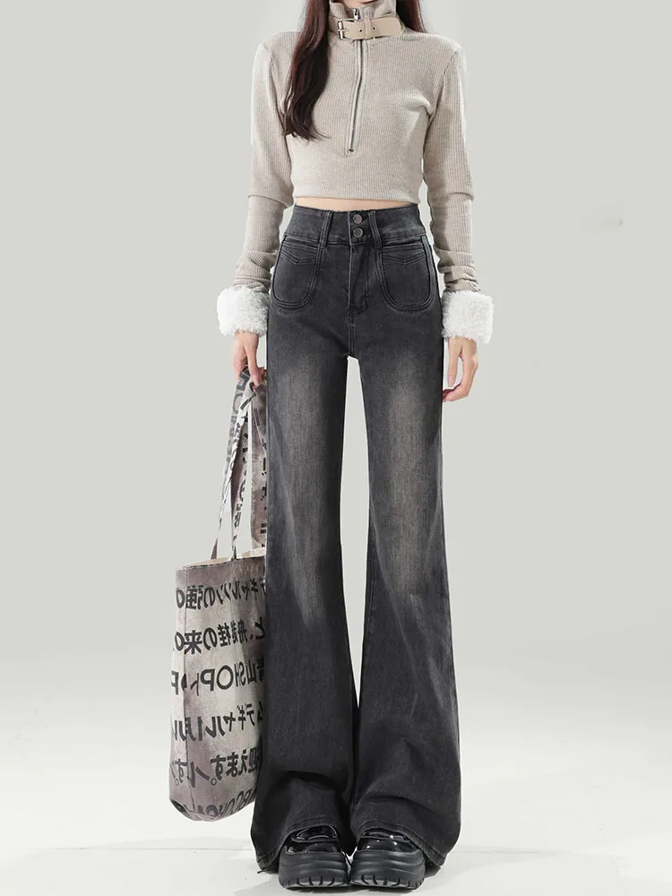 جينز نسائي أمريكي بخصر مرتفع وأرجل واسعة، مقاسات كبيرة، بأزرار مزدوجة، فضفاض ونحيف، بنطلون طويل كاجوال من القطن الدنيم