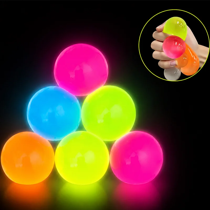 Glow in the Dark Sticky Wall Squishy Balls Soft Squeeze Stress Sensory Fidget Toys Stick to Wall for Kids Adults Party Gifts