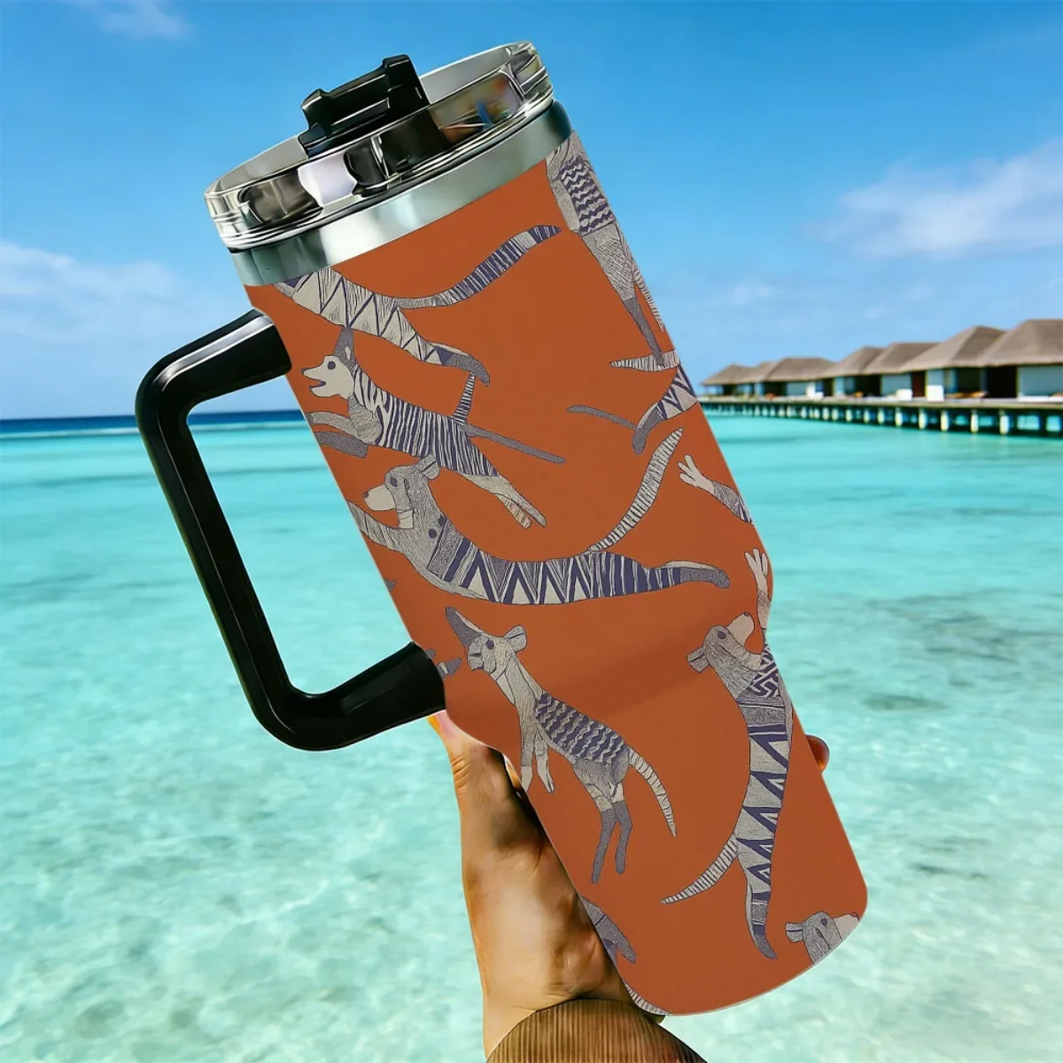40oz Tumbler with Handle Abstract Tribal Wild Animal Print Insulated Cup, Other colors sold out, random black or white shipment for other color orders