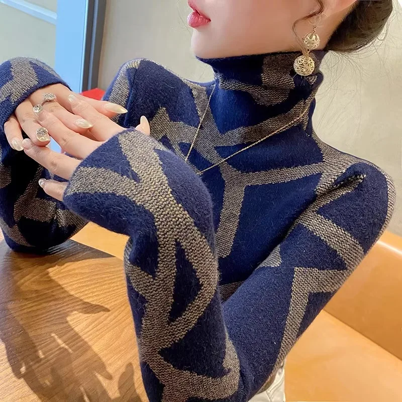 

Autumn Winter New High End Jacquard Pullovers Vintage Elegant Turtleneck Sweaters Women Clothing Fashion Slim Wool Knitwear