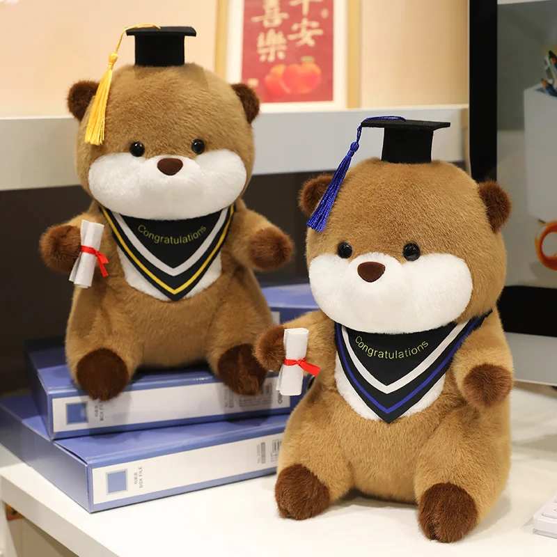 Poupée en peluche de loutre de diplômé de dessin animé mignon de 25cm, chapeau de docteur de haute qualité, jouet en peluche de loutre de mer, décoration de la maison, cadeau pour garçons et filles