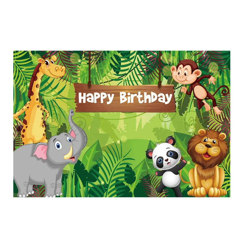 

Happy Birthday Backdrop Jungle Animal Themed Supplies Lion Elephant Zebra 150x100cm Birthday Party Photo Background Wall Poster