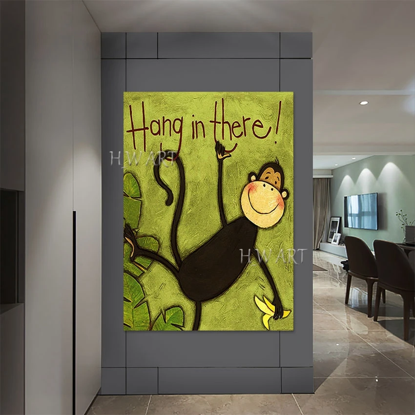 3D Cute Animal Picture Art Wall Frameless Cartoon Artwork Canvas Roll Design Abstract Banana And Monkey Hand Painted Decoration