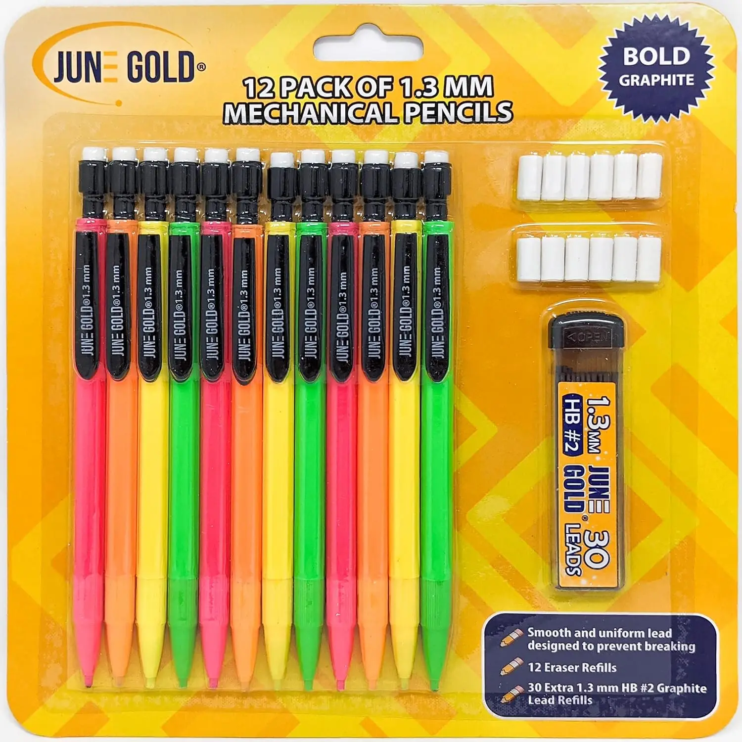12 Mechanical Pencils 1.3mm HB #2 Lead, 30 Refills & 12 Erasers, Break Resistant, Hexagon Barrel
