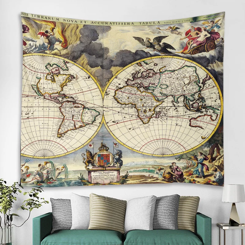 VIKAMA Tapiz minimalista con mapa del mundo, poliéster, impresión en blanco y negro, para colgar en la pared, sala de estar, dormitorio, decoración del hogar
