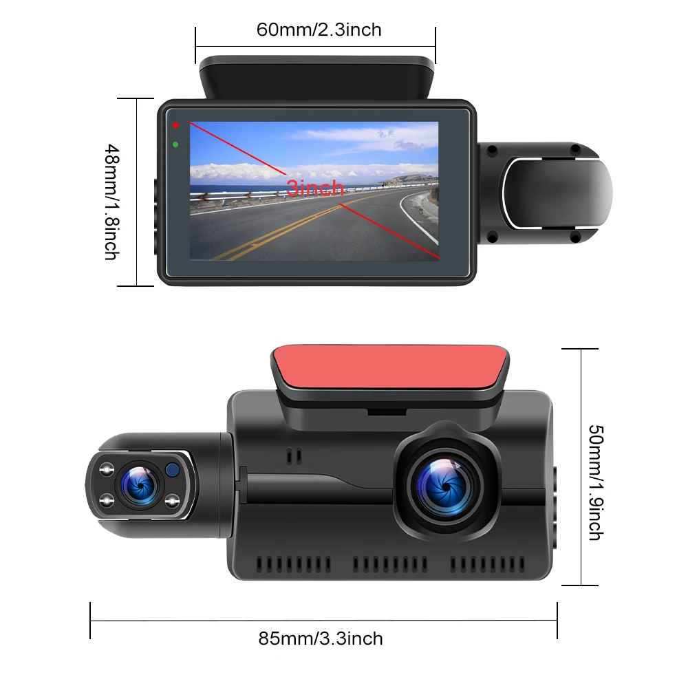 Podofo 3.0" Dash Cam Car Driving Recorder Front & Interior Dual Lens Camera DVR Car Parking Reversing Driving Night Vision