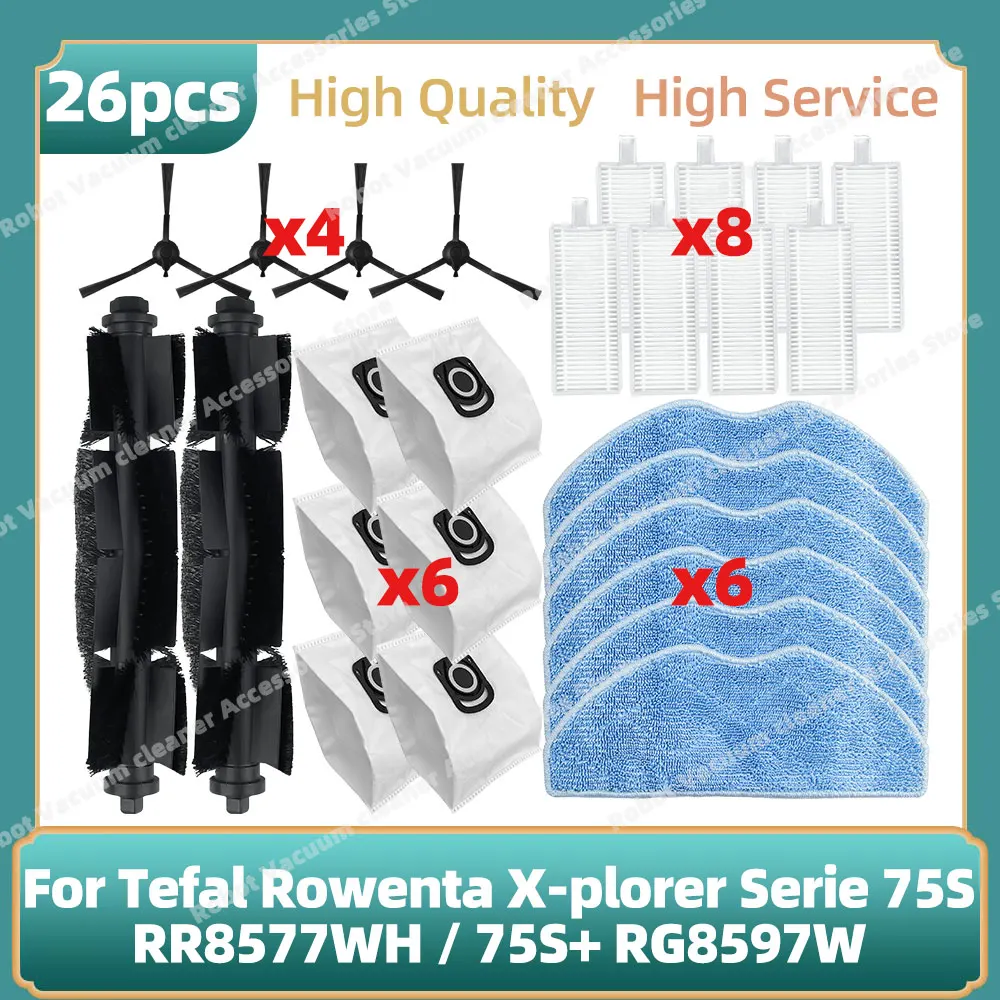 

Fit For Tefal Rowenta X-plorer Serie 75S RR8577WH, 75S+ RG8597W Parts Main Roller Side Brush Hepa Filter Mop Rag Cloth