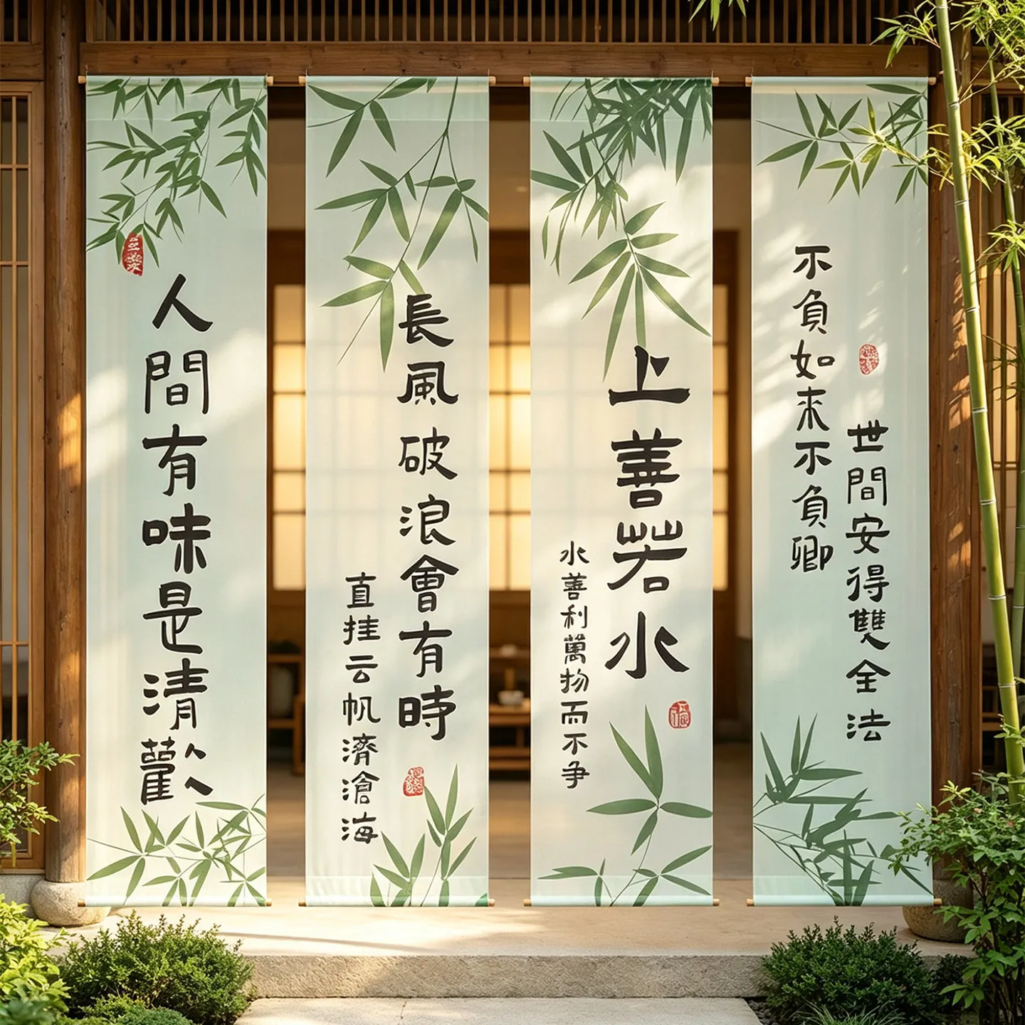 Oriental Ink Bamboo Noren Partition – Soft Light Filtering Drape for Tatami Room, Meditation Space & Japanese Style Garden