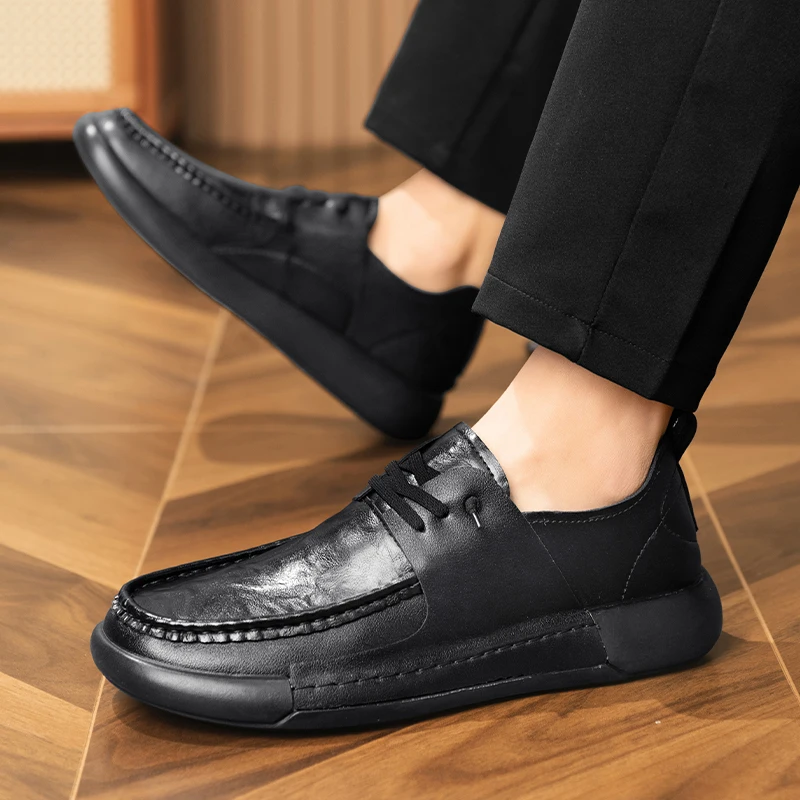 High-quality Men's Shoes 2024 Spring New Pure Black Business Formal Wear Versatile Shoes Lace-up Low-cut Casual Men's Shoes