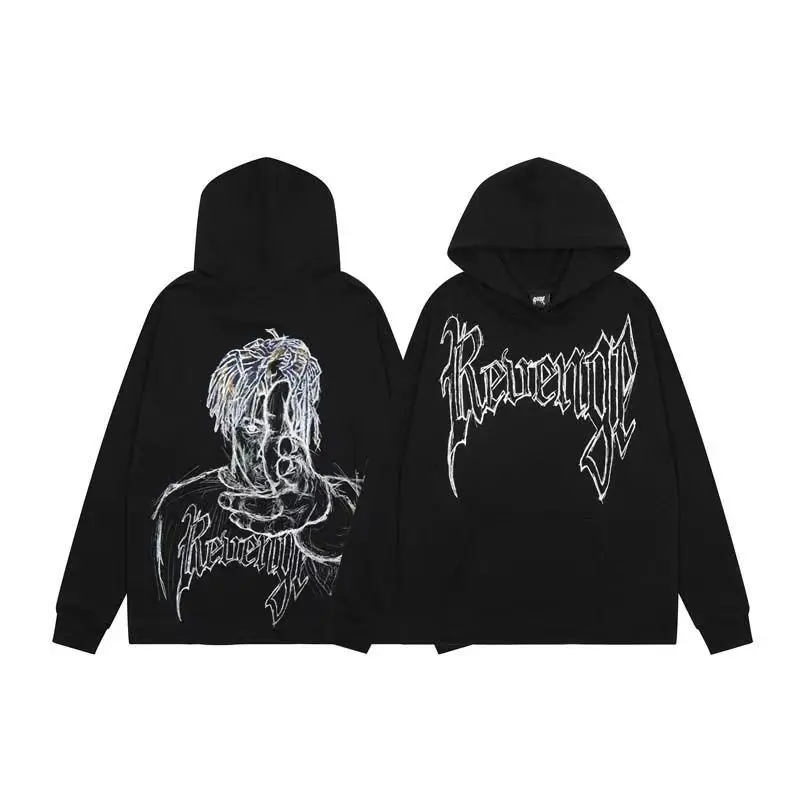 Revenge Fingerprint Printing European and American Loose Fleece Hooded Sweatshirt Men's Sketch Women's Top Casual Unisex Brand