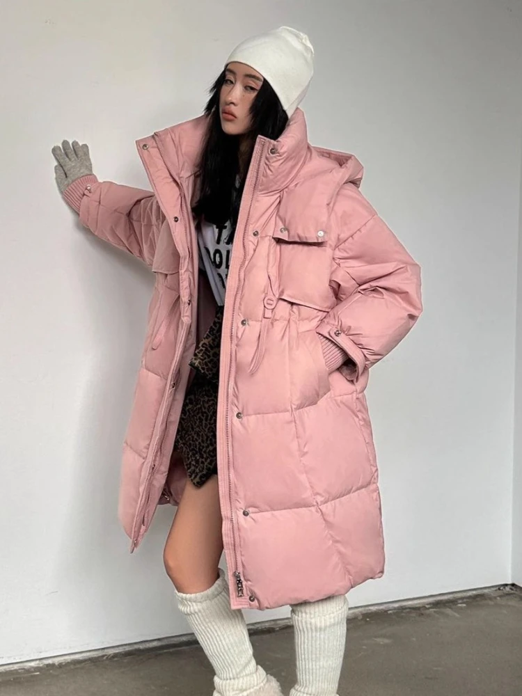 2025 Winter New Long Windproof Down Jacket Women Loose Korean Style Loose Over-The-Knee Parkas Hooded Warm Thickened Coat Lady