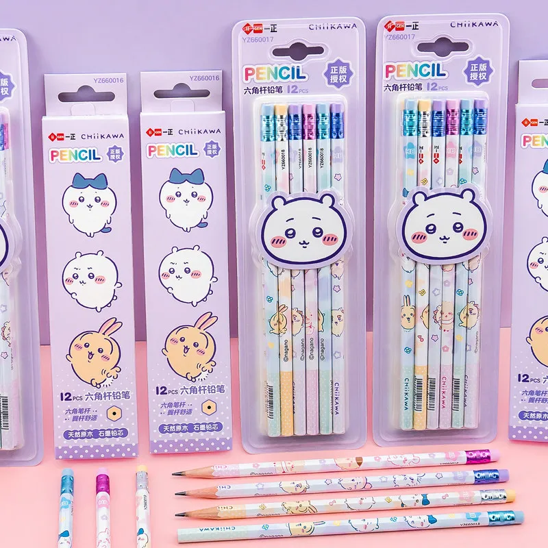 Genuine Chiikawa Hb Pencil Set Hexagonal Non-Slip Wooden Pencils With Eraser Caps Back For Students Writing Practice Stationery