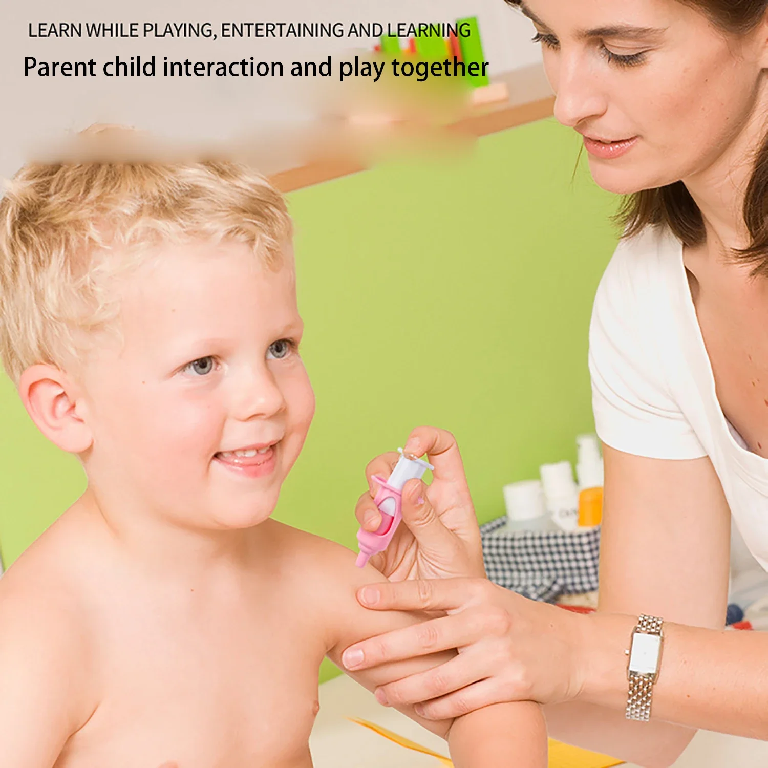 Medisch spel dat injecties verzamelt, stethoscoop enz. Speelgoed voor medisch gereedschap Kinderdokztset gereedschapskist