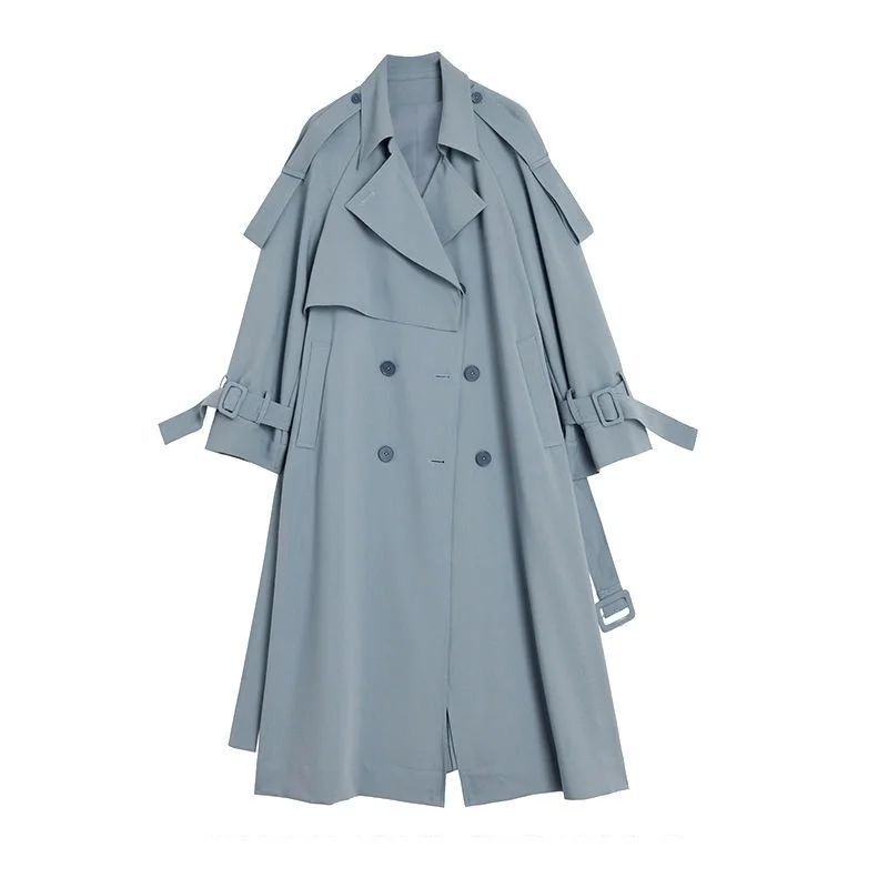 Alta qualidade feminina comprimento médio azul trench coat com faixas outono elegante single-breasted manga longa feminino blusão outwear