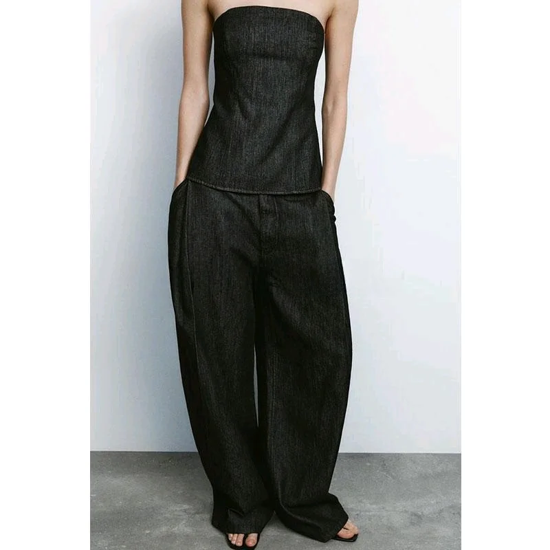 Wiosenny damski komplet: top z denimu z wiązaniem na biuście i długie spodnie, dwuczęściowy zestaw, okrągły dekolt, włókno poliestrowe.