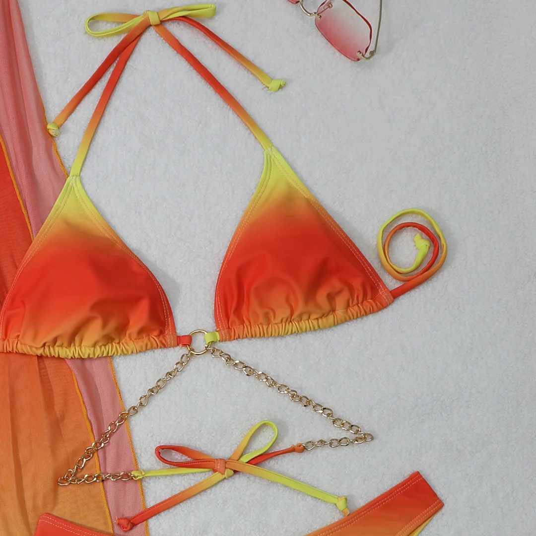 Sexy mit Überwurf, Farbverlauf, Neckholder-Bikini, Damen-Badeanzug, dreiteiliges Bikini-Set, Damen-Bademode, Badeanzug, Badebekleidung, Schwimmbekleidung V5369 – Detail 22