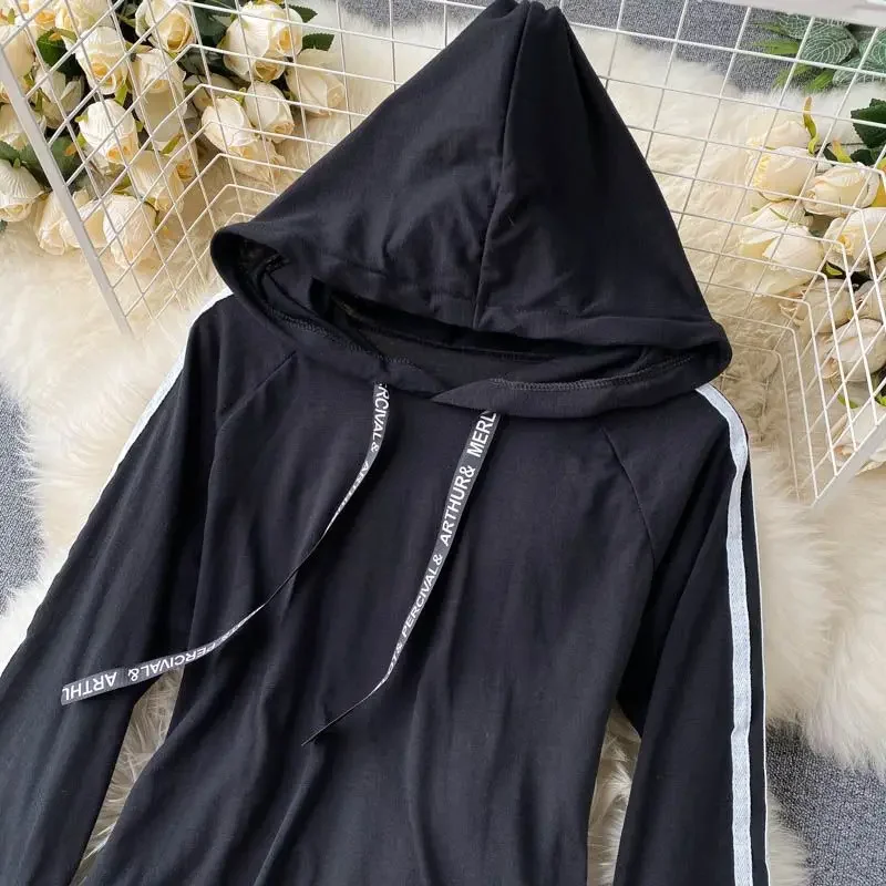 مقنعين سترة الملتصقة بأكمام طويلة تي شيرت المرأة الألوان المتناقضة ضئيلة تظهر رقيقة تصميم الشعور بلون الأساس القمم