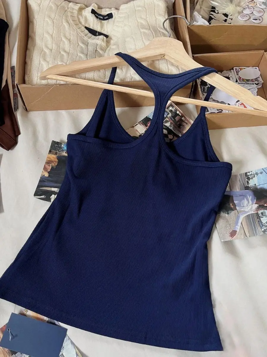American Vintage Navy Ribbed Tank Tops Women Summer U Neck Sleeveless Backless Cotton Basic Vests Solid Simple Slim Y2k Crop Top