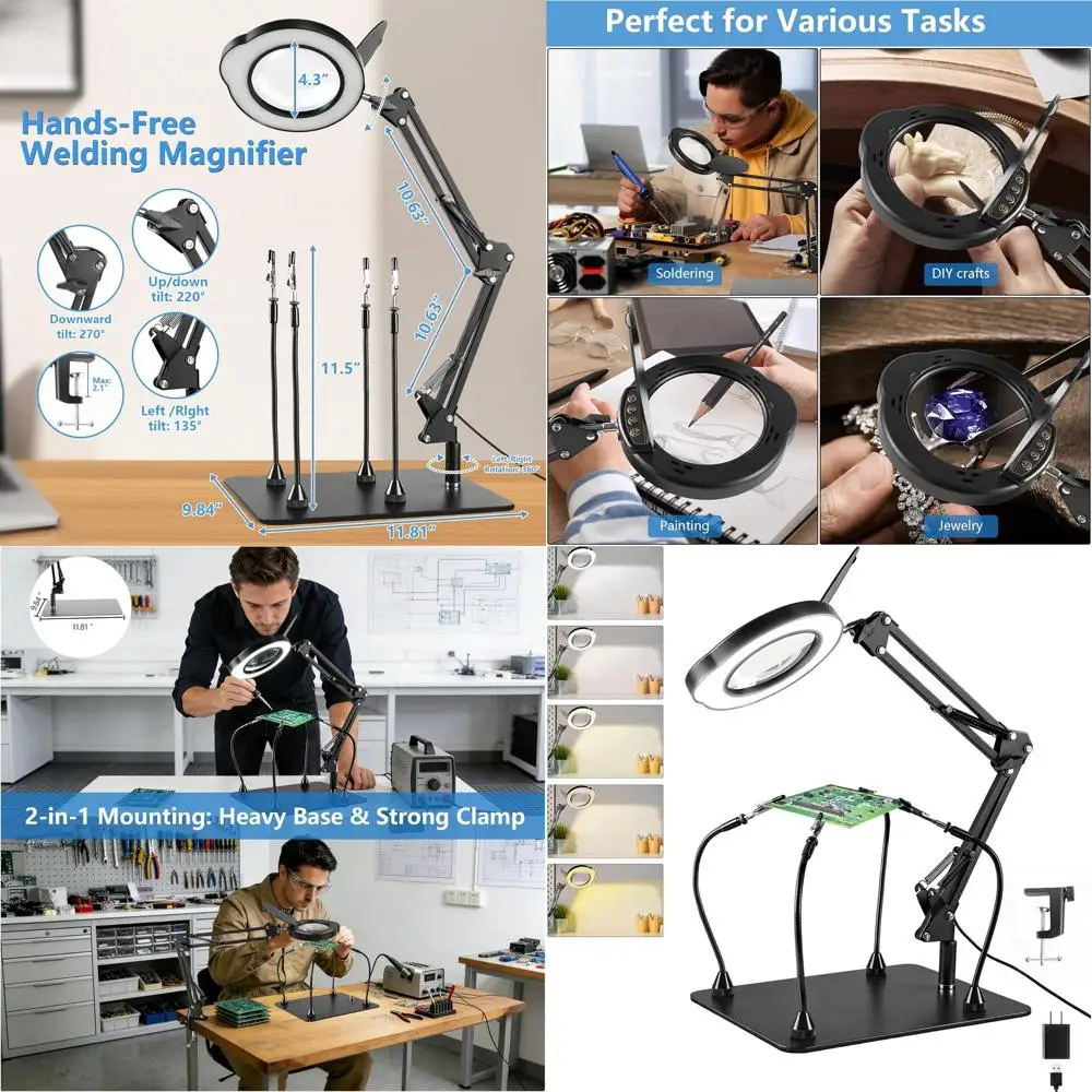 

Паяльная станция с подсветкой, подставкой, 4,3-кратным увеличительным стеклом, 4 гибкими кронштейнами, 5 цветными светодиодами, 10 уровнями регулировки яркости.