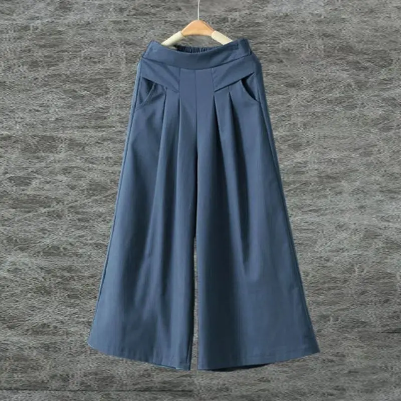 Pendant Cotton and Linen Thin Culottes Women's  Breathable Loose Wide-leg Pants Literary Elastic High-waisted Nine-point Pants