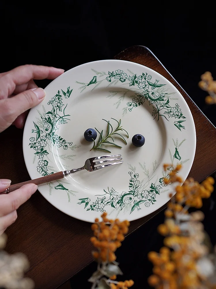 

Ретро-керамическая тарелка для десертов в европейском стиле, тарелка для завтрака, домашняя тарелка для торта, с цветочным узором, круглая форма, фарфоровая посуда