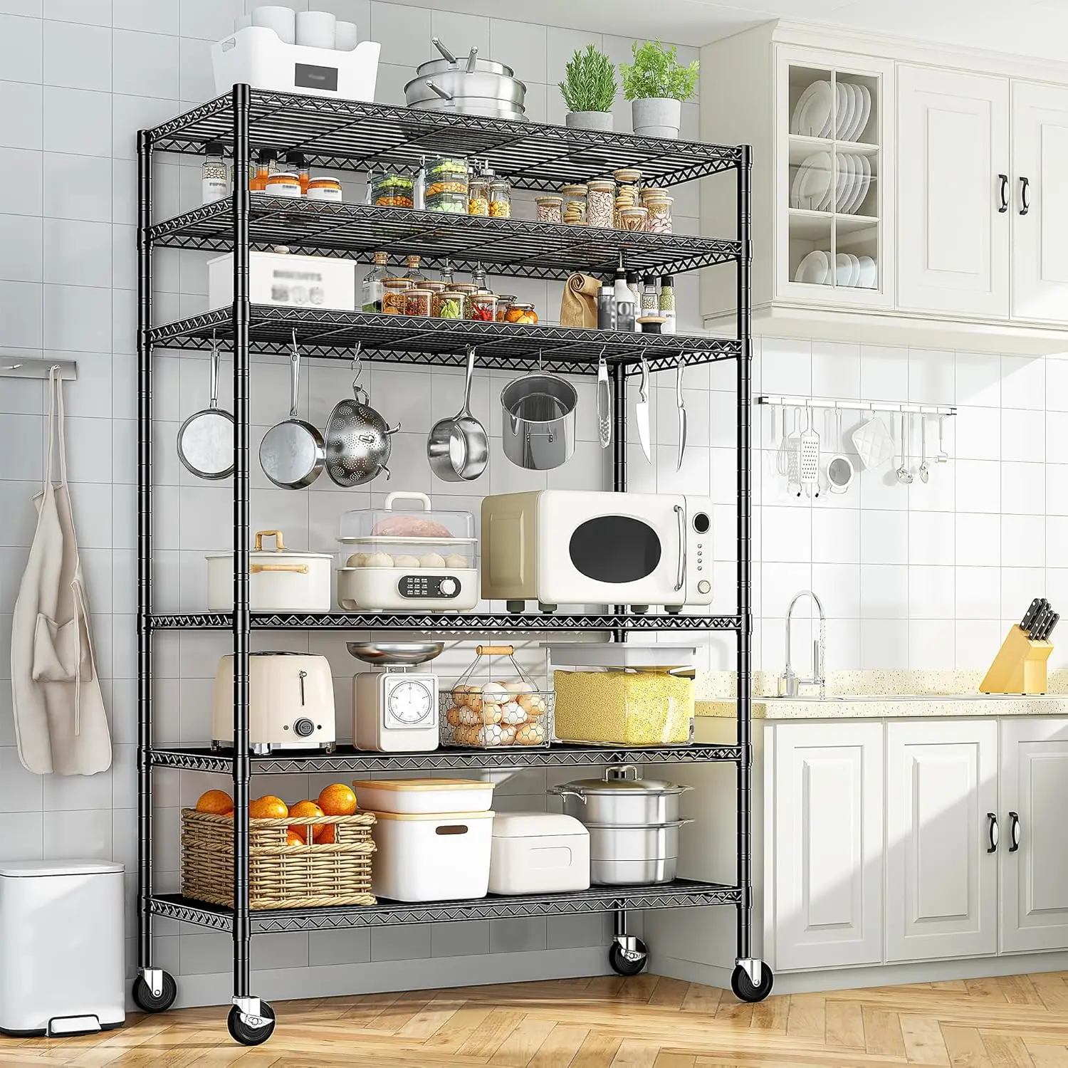 

82" H X45 W X18 D Storage Shelves with Wheels 6 Tier Adjustable Wire Shelving Metal Pantry Shelves Customized