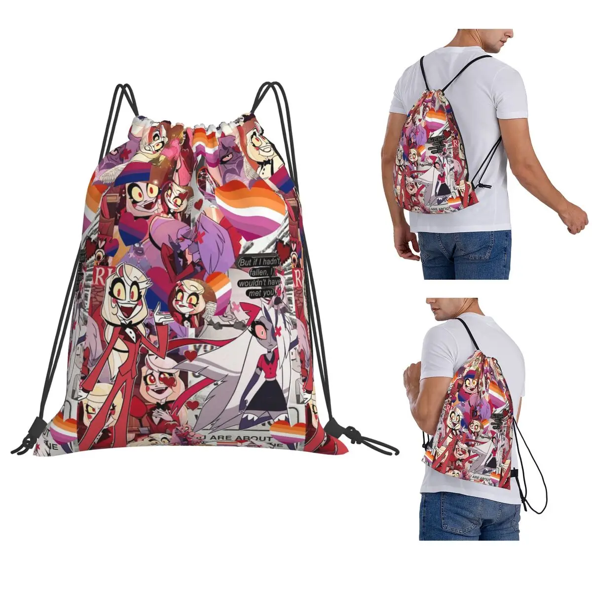 

Charlie And Vaggie Valentines Hazbin Hotels Backpacks Portable Drawstring Bags Storage Bag Book Bags for Travel Students