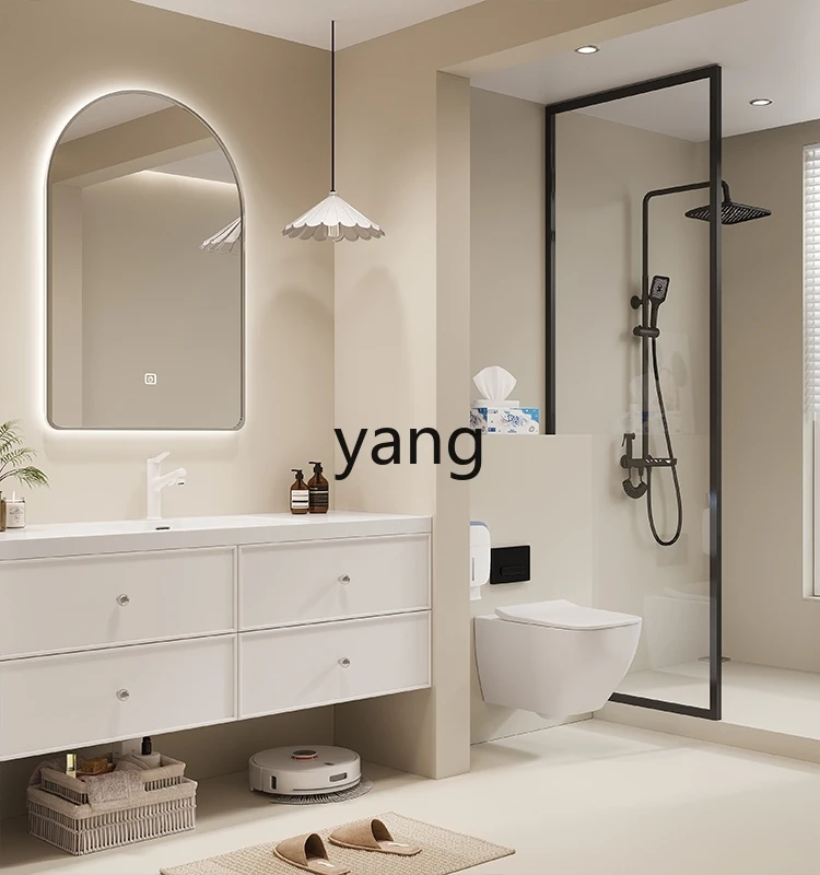 Yjq Stone Plate Seamless Whole Washbin Light Luxury Oak Bathroom Cabinet Cream Style Bathroom Wash Washstand