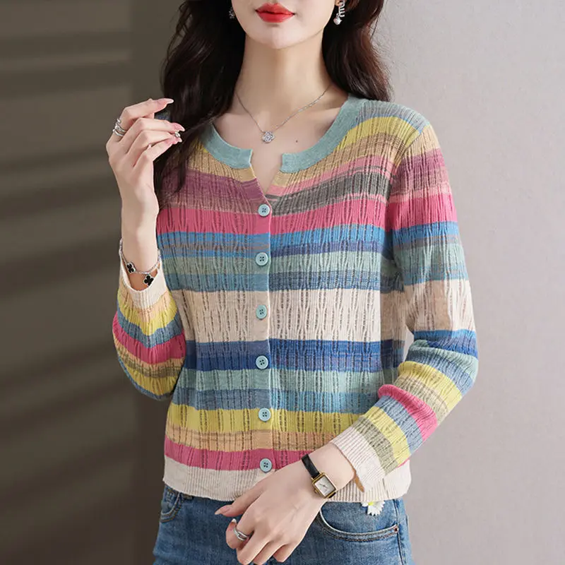 Fashion Women Clothing Colorful Striped Cardigan Sweater Spring Autumn New Korean Versatile Casual Long Sleeve Knitted Coats