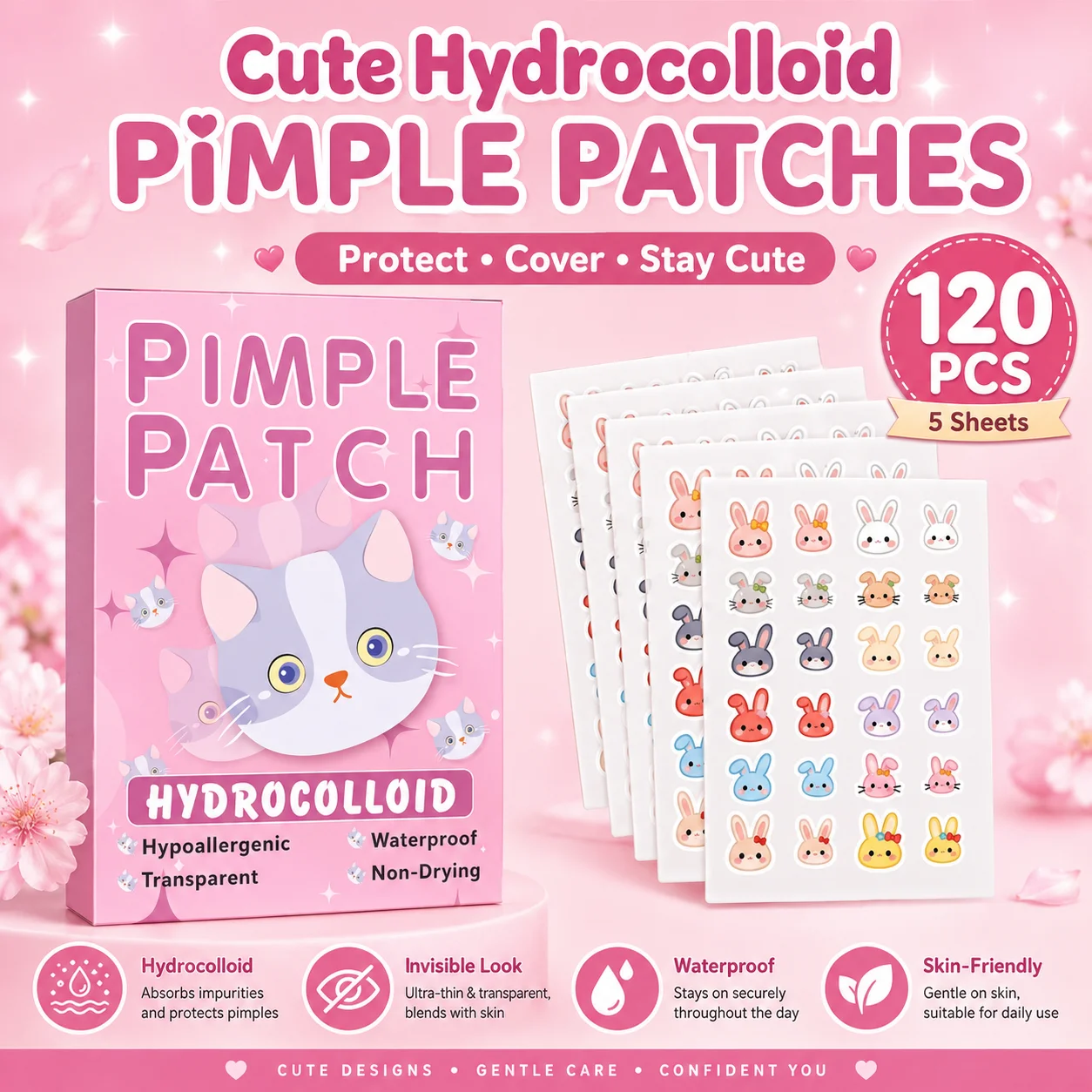 

120pcs Cartoon acne patch, cute cat-shaped facial concealer acne patch, safe, non-toxic, gentle and non-irritating
