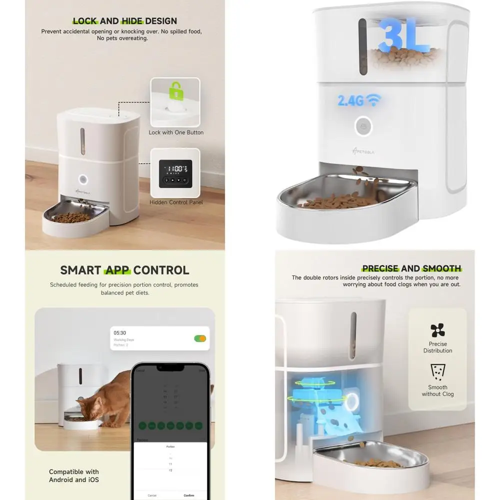 

Smart Pet Feeder with 3L Capacity, 5G & 2.4G Wi-Fi, App-Controlled for Dry Food, Schedules 1-10 Meals Daily