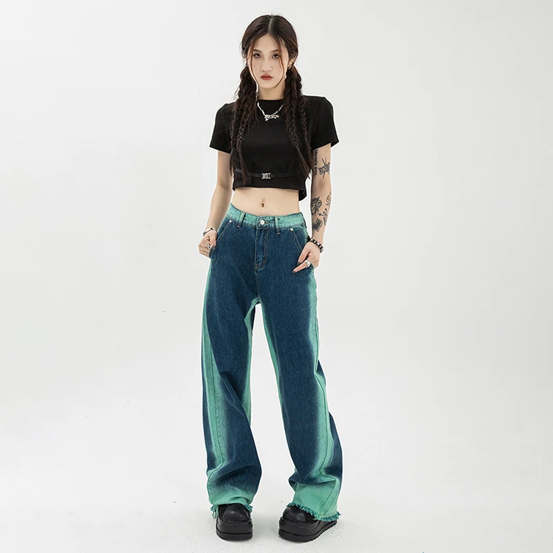 Vintage Raw Edge Stitching Color Y2k Baggy Jeans Women Korean Autumn Winter Women\'s High Waist Straight Wide Leg Denim Pants