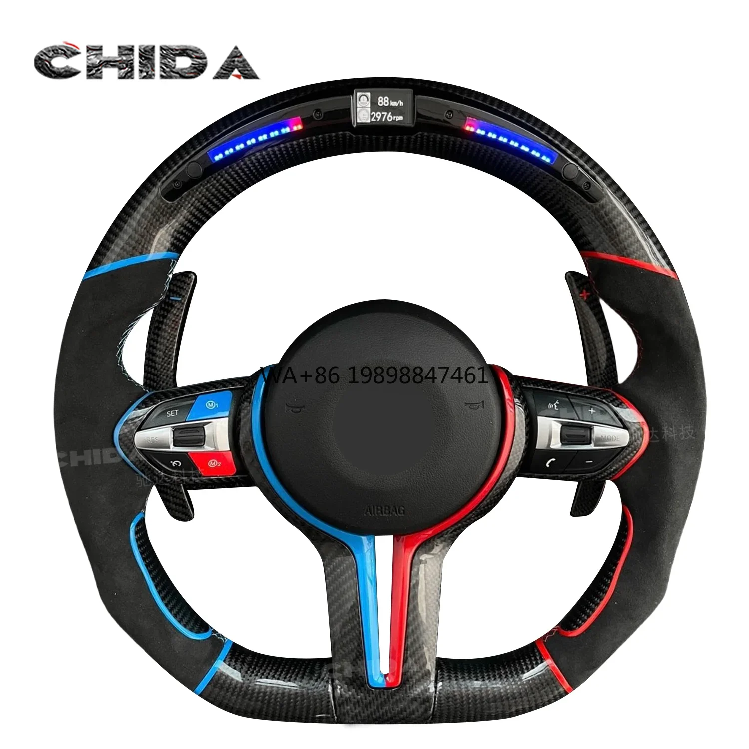 

Custom Carbon Fibre LED Steering Wheel with Blue and Red Trim for BMWs M2 M3 M4 M5 F10 F20 F30 F90 E90 E70 F15