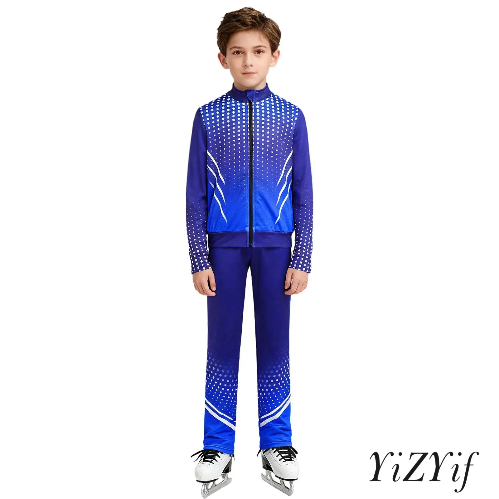 

Boys Figure Skating Practice Performance Gymnastics Costume Stand Collar Long Sleeves Thumbholes Dots Zipper Jacket with Pants