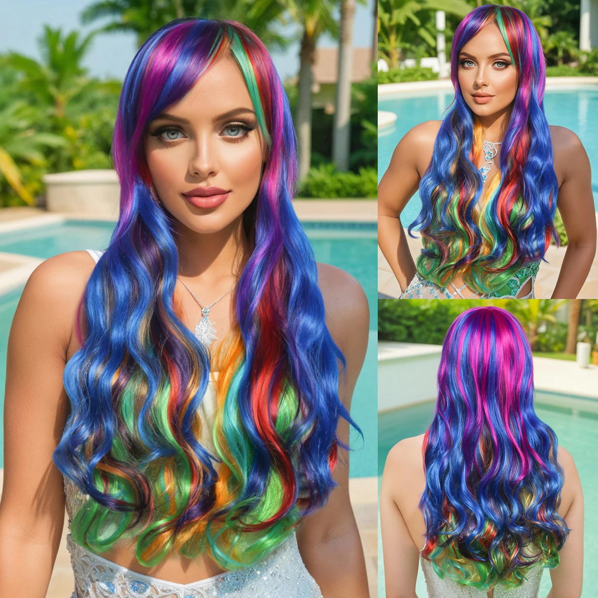 

Новый градиентный цвет аниме парик COS стиль Харадзюку красочные женские длинные вьющиеся волосы парик из синтетического волокна