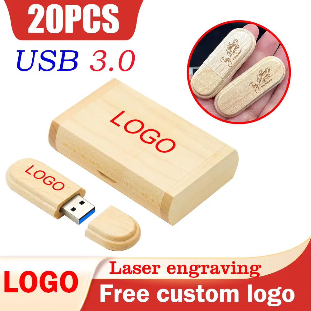 

20PCS/LOT Wooden USB Flash Drives 3.0 128GB High speed Pen drive 64GB 32GB with Box Memory Stick Creative gift U disk for Laptop