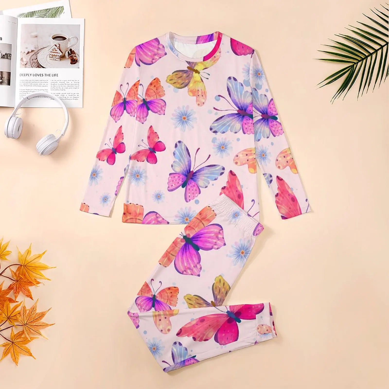 Butterflies Pajamas Pink and Gold Animal Man Long-Sleeve Elegant Pajama Sets 2 Piece Bedroom Spring Graphic Sleepwear Gift