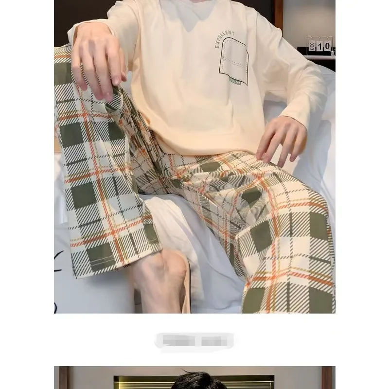 Plus Size Men Pajamas Cartoon Long Sleeve Trousers Student Sleepwear Loungewear Two-Piece Set Round Neck Striped Homewear