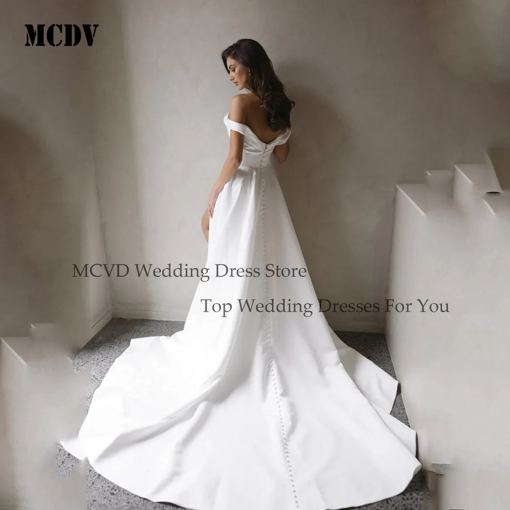 MCDV Mermaid Elegant Side Split Wedding Dress Off Shoulder Bridal Gowns Backless Satin Wedding Gown Sweep Train Customized