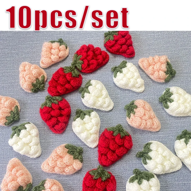 10Pcs Crochted Strawberry Woven Fruit Pendant Patches for Clothes, Hat Toy Sewing, Handmade Clips, DIY Decor Accessories,