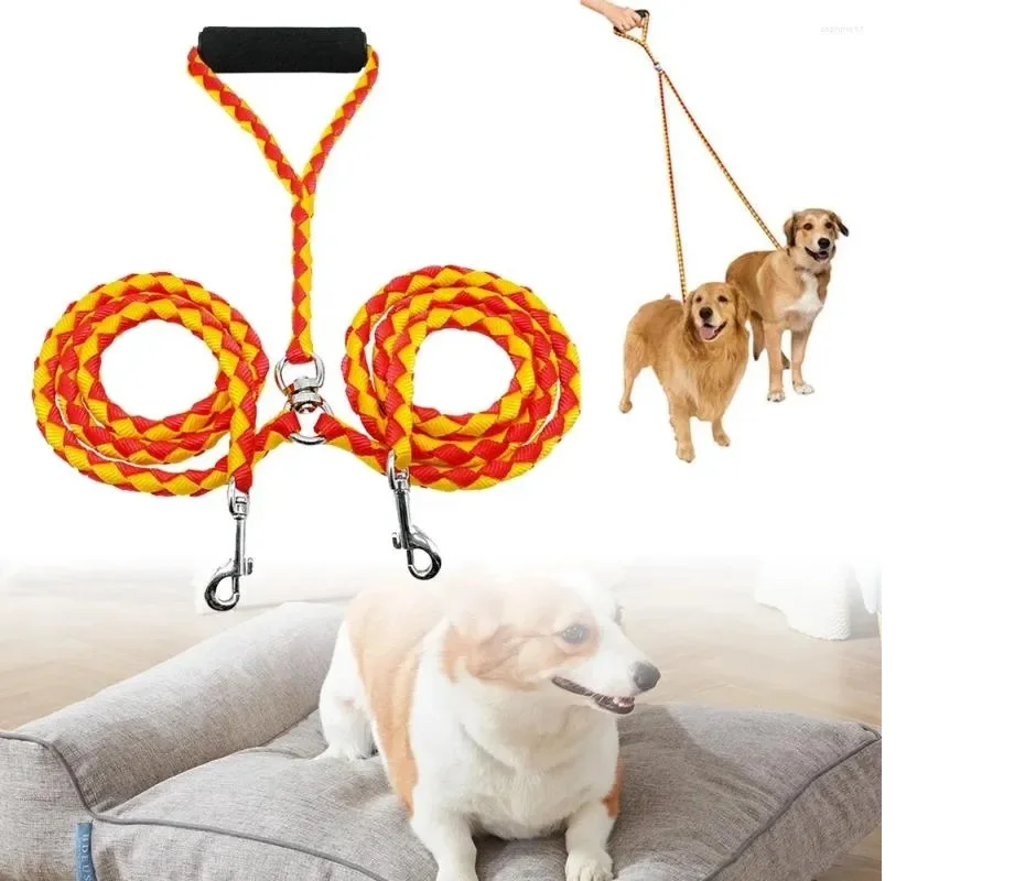 

Dog Collars With Handle Double Twin Lead Safty Anti-winding Leash Rope Walk Training Nylon Pet