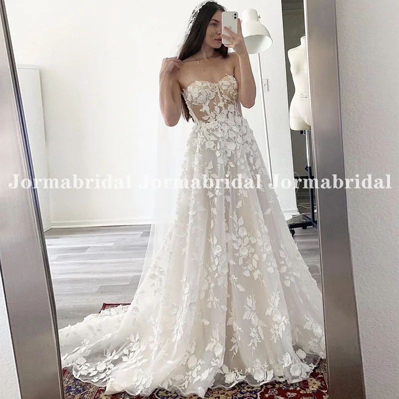 

2023 Luxury Lace Appliqued Wedding Dresses Illusion Sweetheart Neck Bridal Gowns 3D Flowers Marriage Dresses Vestidos De Novia