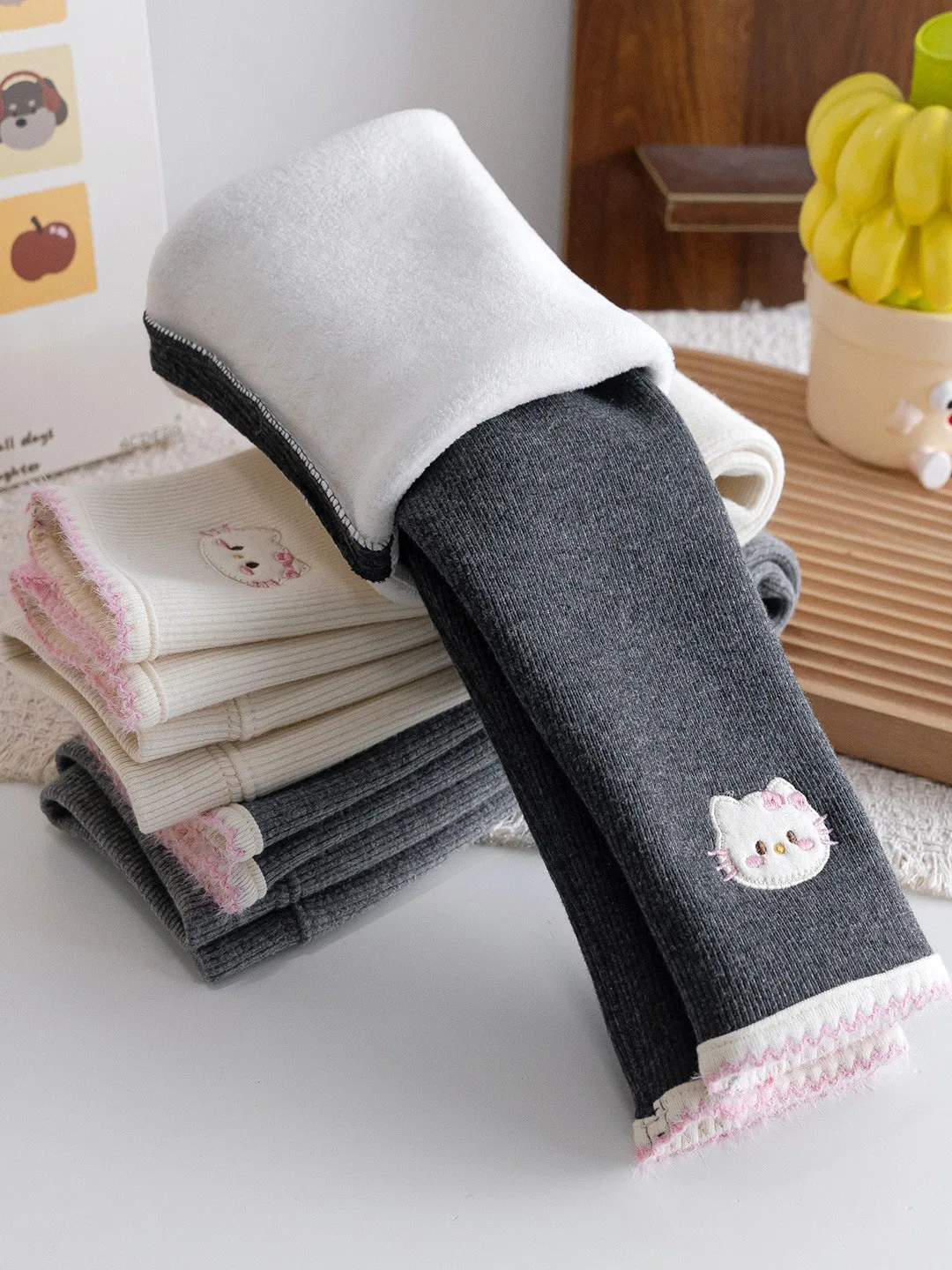 Girls Winter Fce Lined Slim Fit Elastic Bot Pants Children's Faionable Trousers Base Layer Stretchy Pants for Kids