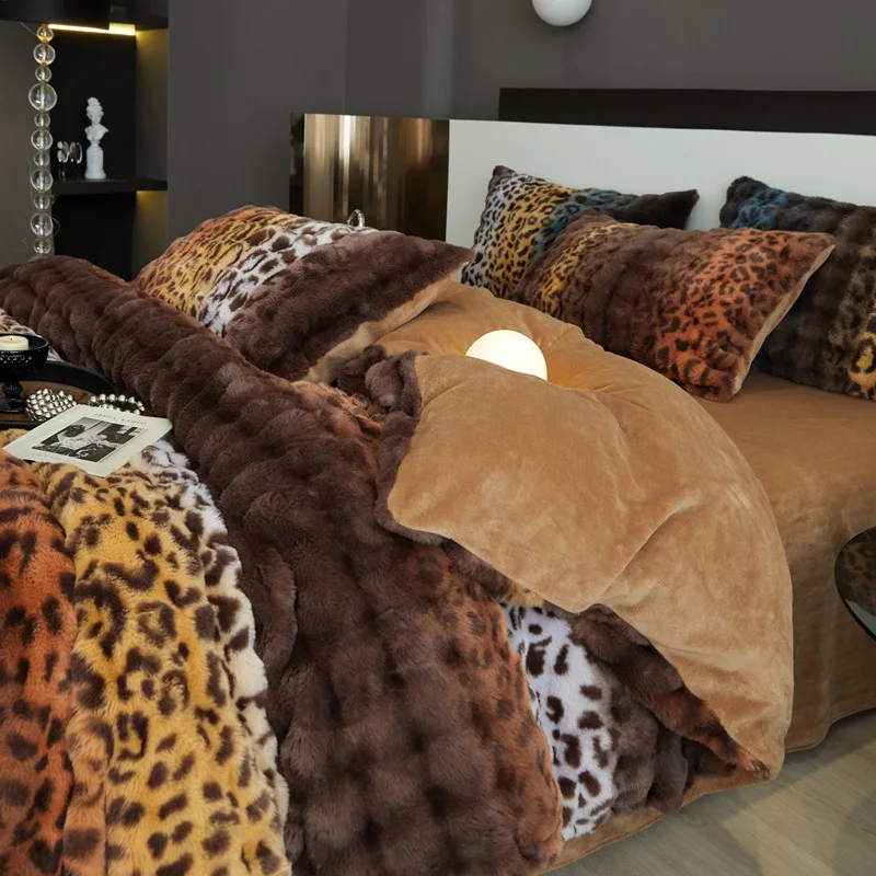 New Leopard Print Milk Fleece Plush Thickened Winter Warm Four-piece Gradient Quilt Cover Sheet Quilt Cover Blanket Bedding Set