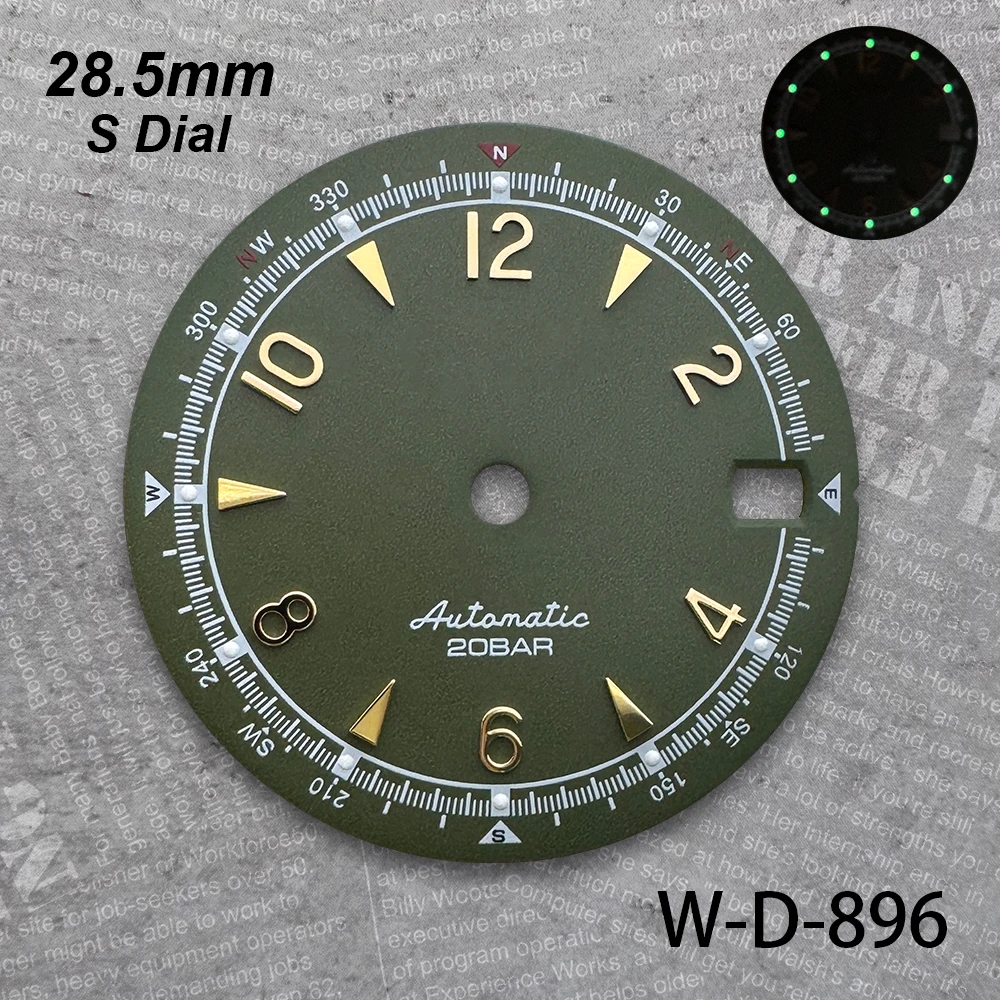 28.5mm Matte S Dial For NH35/NH36 Automatic Movement Green Luminous Diving High-Quality Watch Modification Accessories