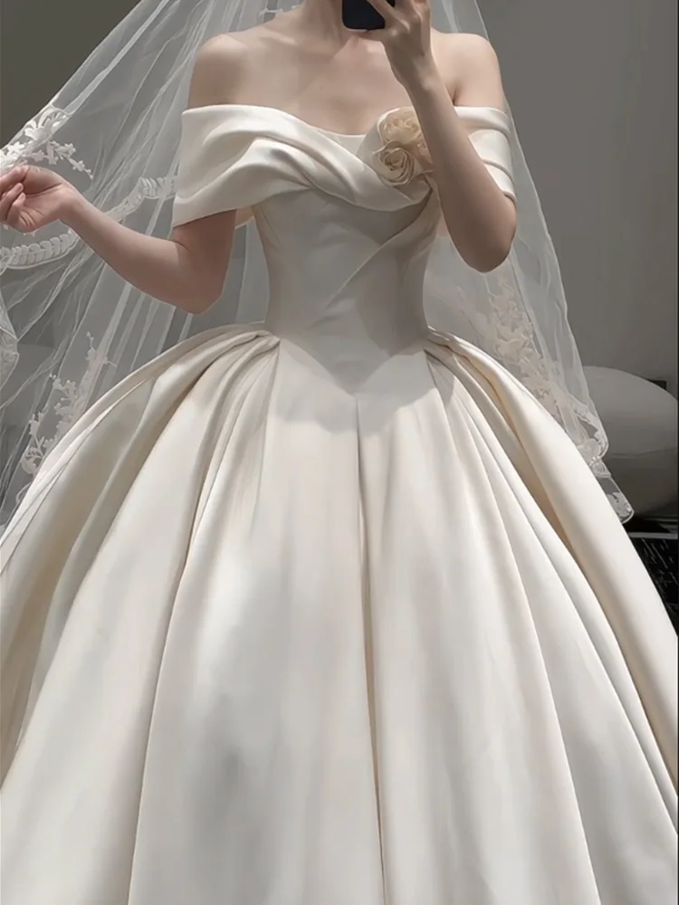 

2024 New Bridal Gown Princ Sle Satin One oulder Light Wedding Dr for ort Women High Waist Puffy Skirt